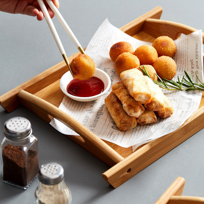"Rectangular Bamboo Dim Sum Snack Bread Tea Tray - Natural Elegance for Entertaining"
