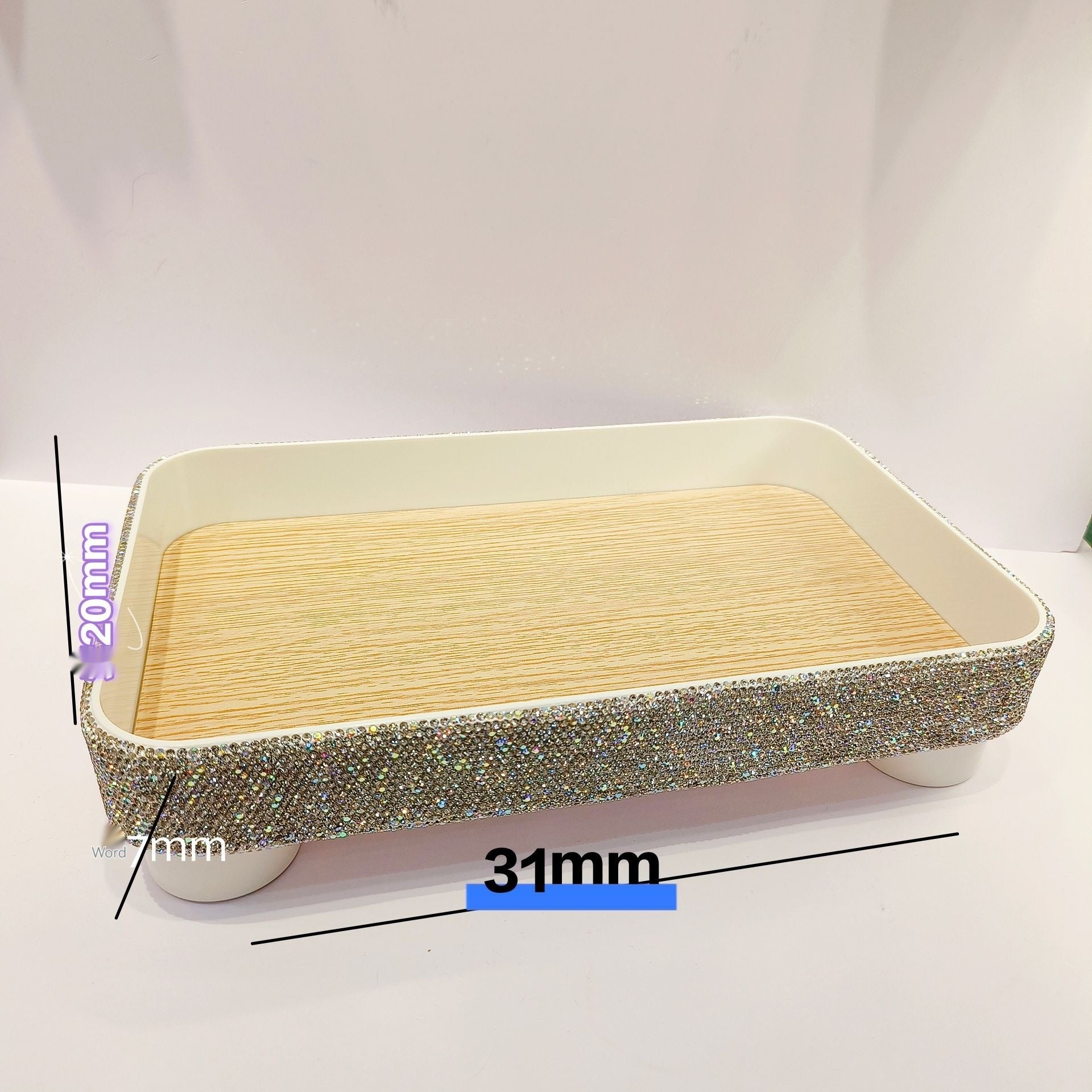 Diamond Pattern Plastic Round Storage Tray with Wooden Base"