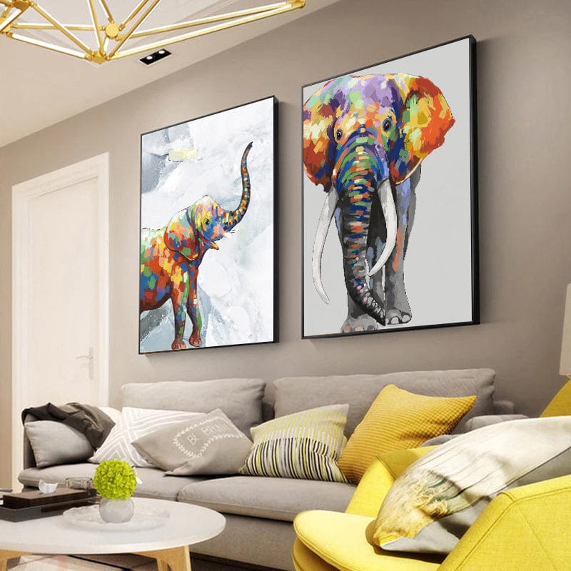 Wall Art Colorful Elephant Canvas, Abstract Animal Poster - Artessia