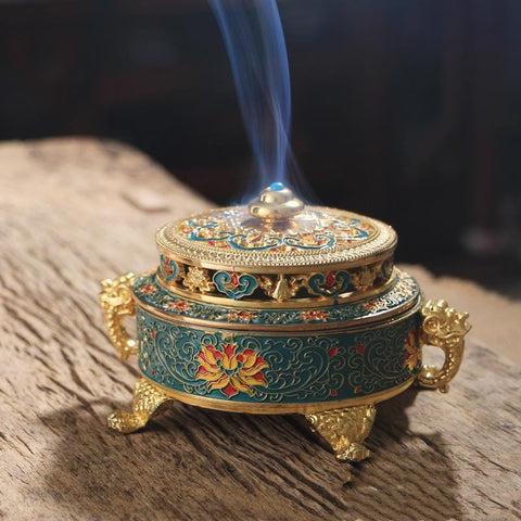 Handcrafted Tibetan Copper Alloy Painted Incense Burner – Traditional Dish Design - Artessia