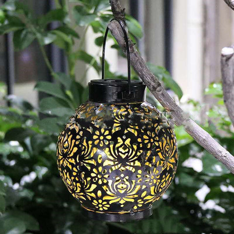 Solar-Powered LED Hollow Iron Lantern with Decorative Light Projection - Artessia