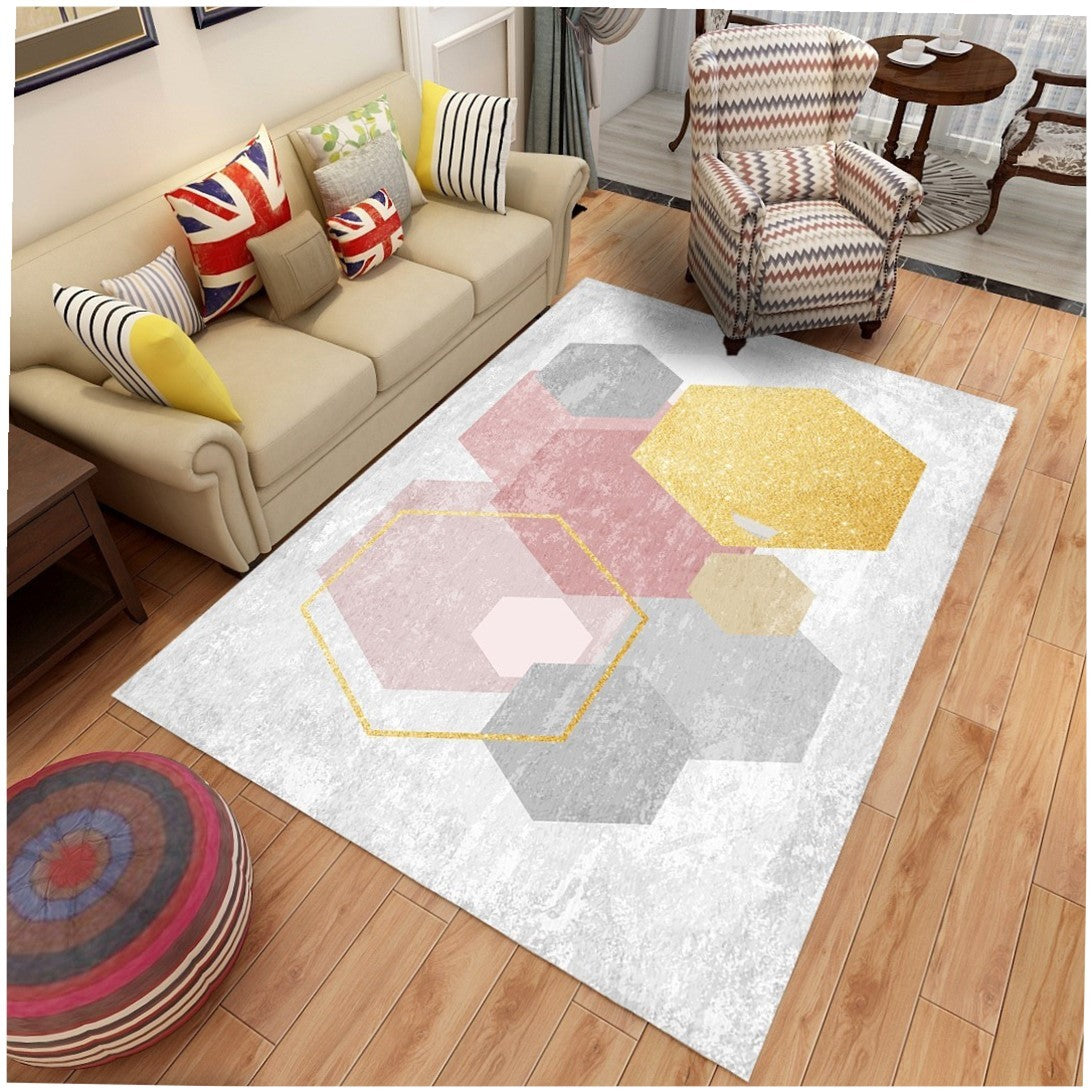 Modern Geometric Hexagon Area Rug - Luxury Soft Carpet for Living Room | Pastel Pink, Gray, and Gold Accents