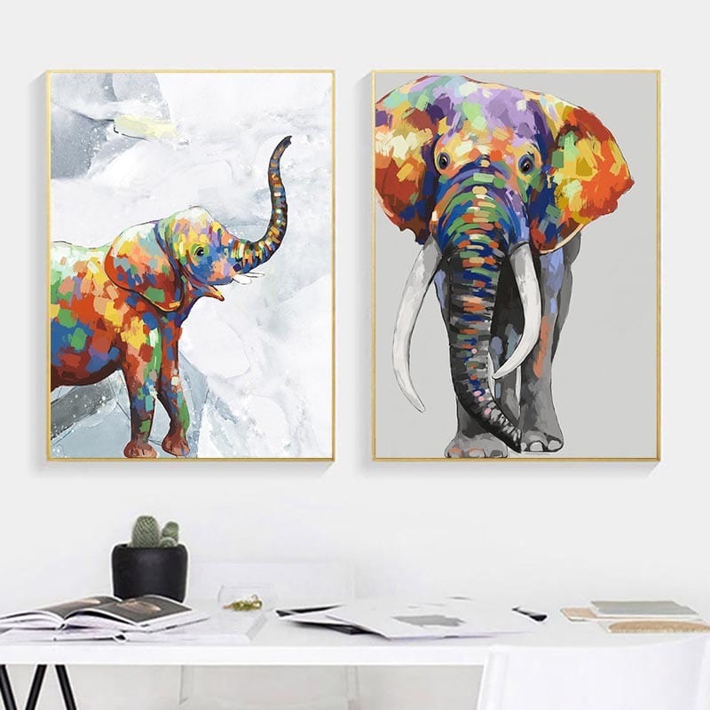 Wall Art Colorful Elephant Canvas, Abstract Animal Poster - Artessia