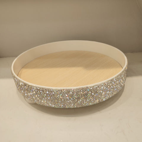 Diamond Pattern Plastic Round Storage Tray with Wooden Base"