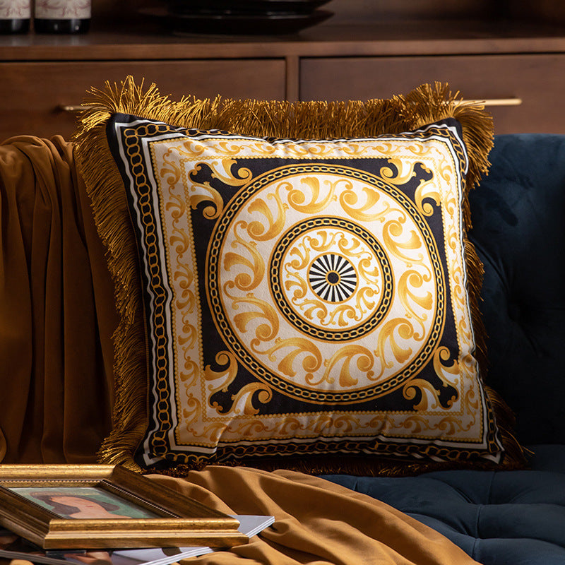 Luxury Black and Gold Tassel Cushion - High-Grade Printed Sofa Pillow 45x45cm Decorative Throw