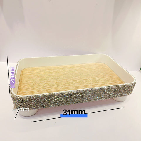 Diamond Pattern Plastic Round Storage Tray with Wooden Base - Artessia