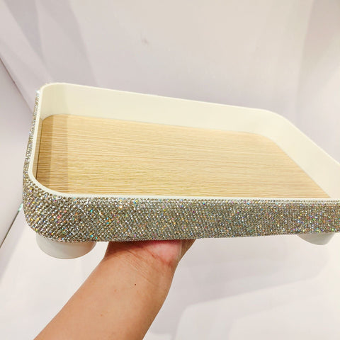 Diamond Pattern Plastic Round Storage Tray with Wooden Base"