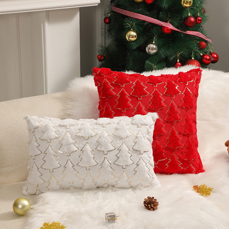 Festive Christmas Tree Embroidered Throw Pillow Cover  – Red & Green Velvet with Gold Detailing