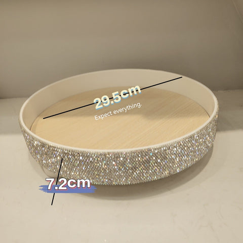 Diamond Pattern Plastic Round Storage Tray with Wooden Base"