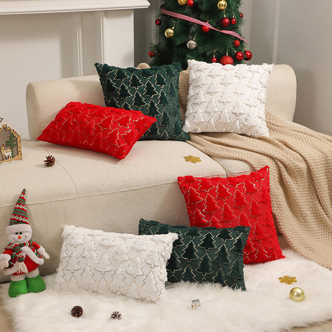 Festive Christmas Tree Embroidered Throw Pillow Cover  – Red & Green Velvet with Gold Detailing